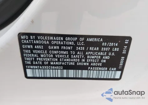 2014 Volkswagen Passat 2.0L Tdi Se from USA, damaged, VIN 1VWBN7A3XEC084522